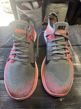 Nike Gray and Coral Flyknit Running Sneakers